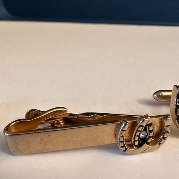 VINTAGE SWANK DOUBLE HORSESHOE CUFFLINKS AND TIE BAR - Picture 5 of 6